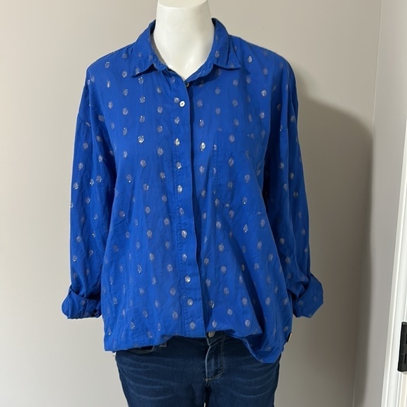 Anthro Scotch Soda Blue Gold Metallic Polka Dot Long Sleeve Button Down Top US 6 - Picture 1 of 15